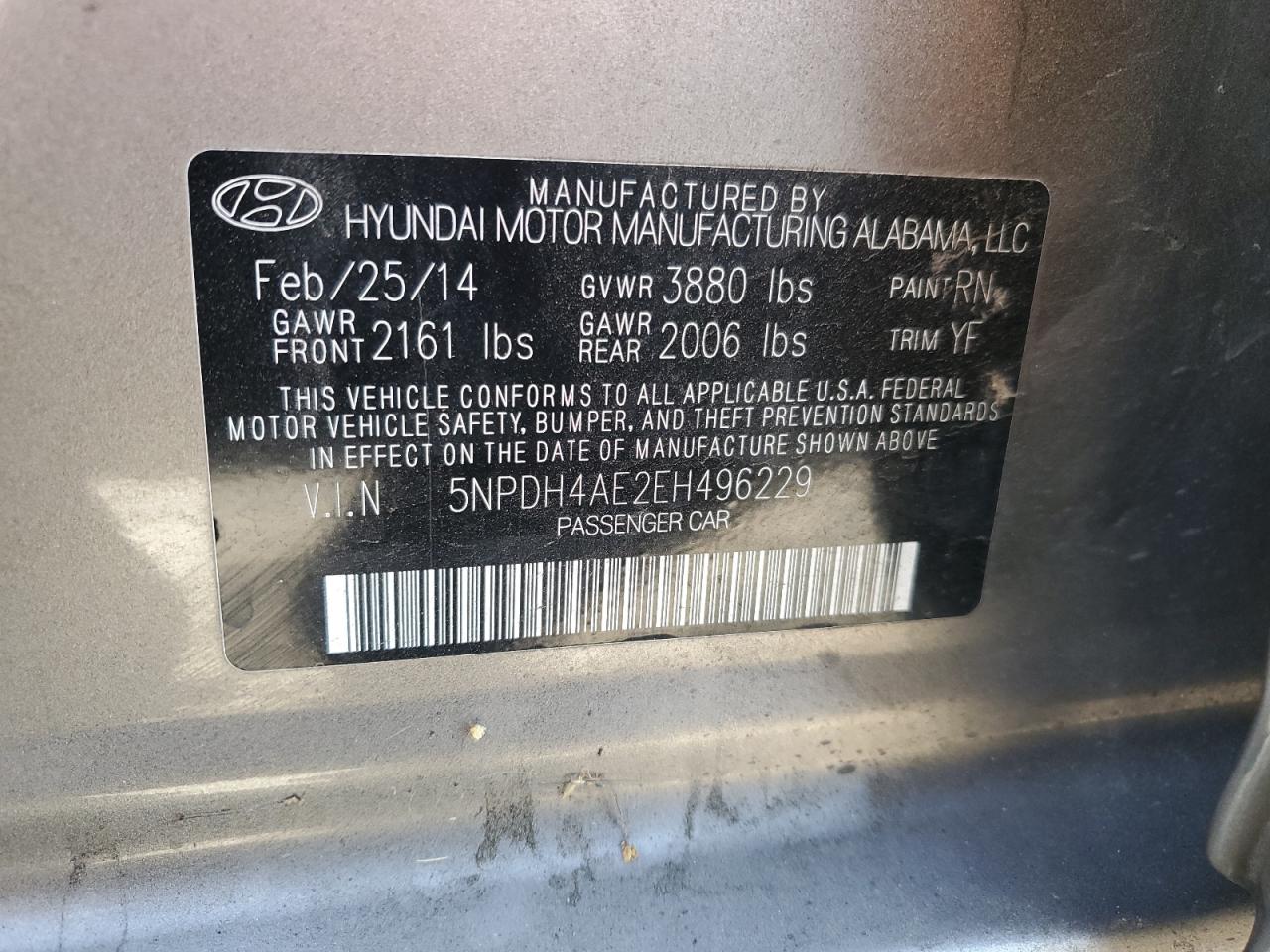 2014 Hyundai Elantra Se VIN: 5NPDH4AE2EH496229 Lot: 81098235