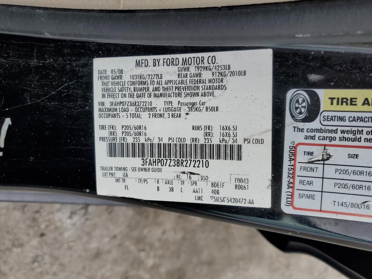 2008 Ford Fusion Se VIN: 3FAHP07Z38R272210 Lot: 81709855