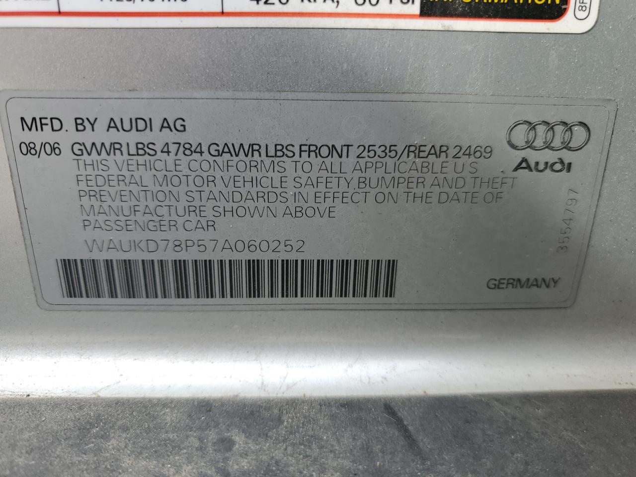 2007 Audi A3 S-Line 3.2 Quattro VIN: WAUKD78P57A060252 Lot: 81807255