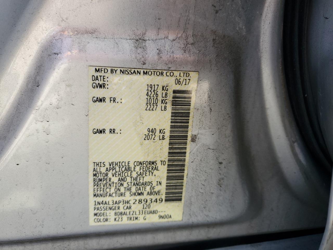 2017 Nissan Altima 2.5 VIN: 1N4AL3AP3HC289349 Lot: 71485425