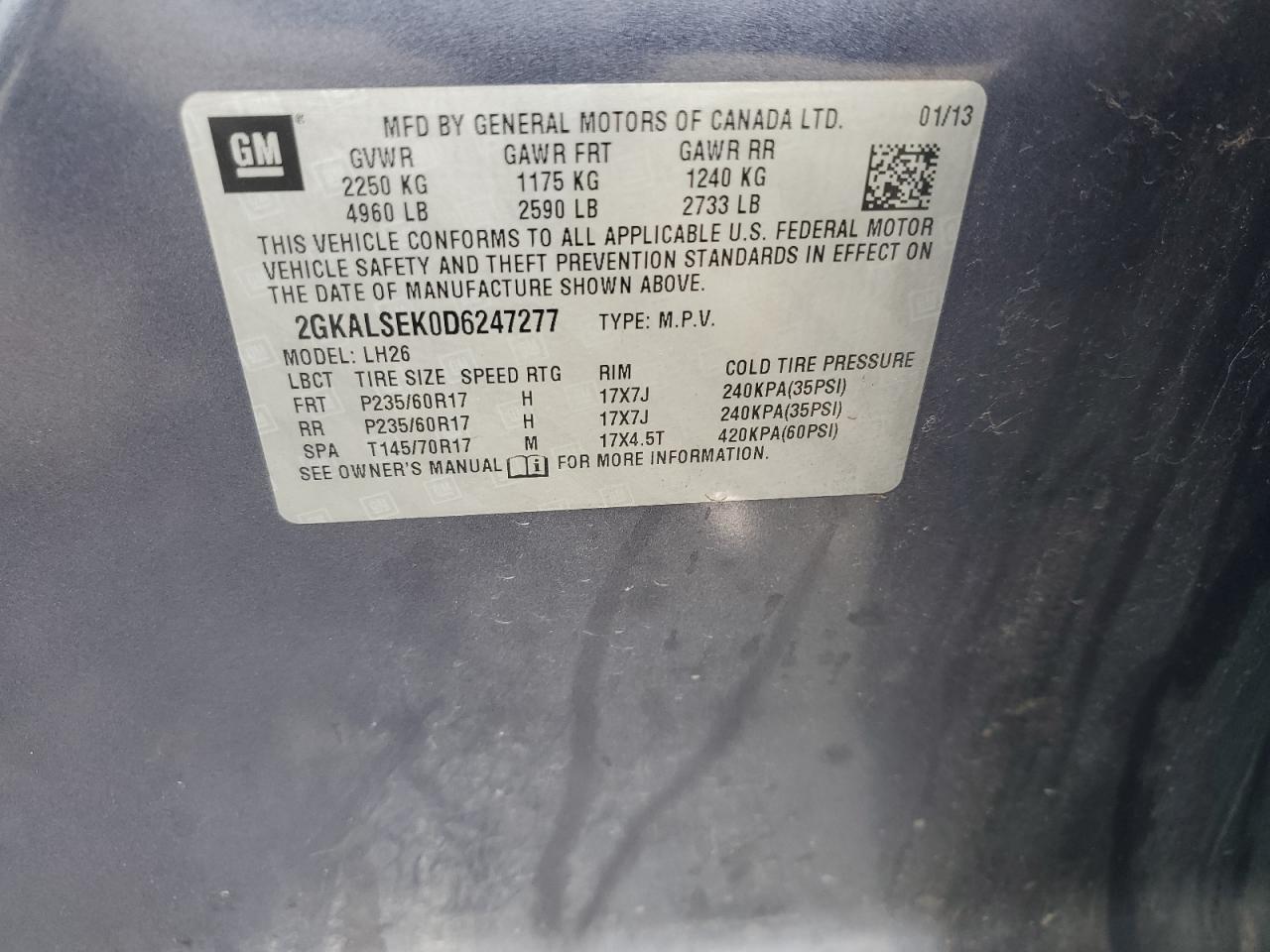 2013 GMC Terrain Sle VIN: 2GKALSEK0D6247277 Lot: 83832405