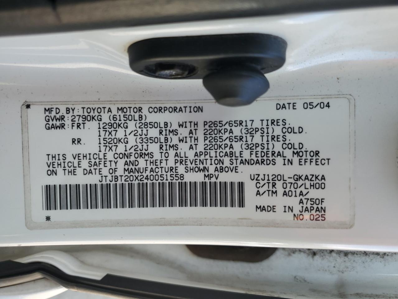 2004 Lexus Gx 470 VIN: JTJBT20X240051558 Lot: 81088865