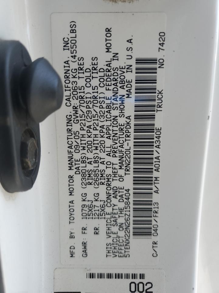 2006 Toyota Tacoma VIN: 5TENX22N26Z158404 Lot: 84759575