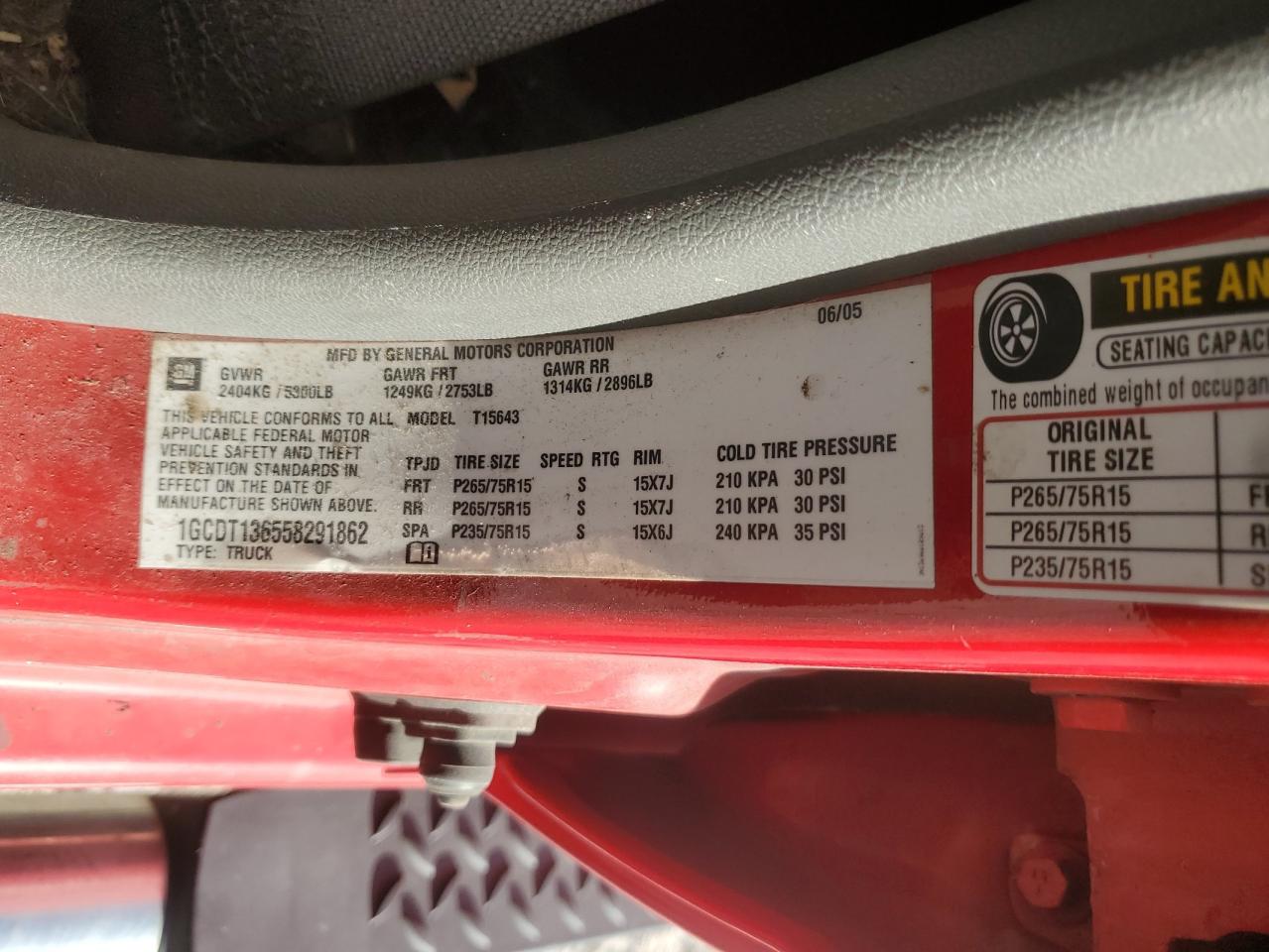 2005 Chevrolet Colorado VIN: 1GCDT136558291862 Lot: 71611415