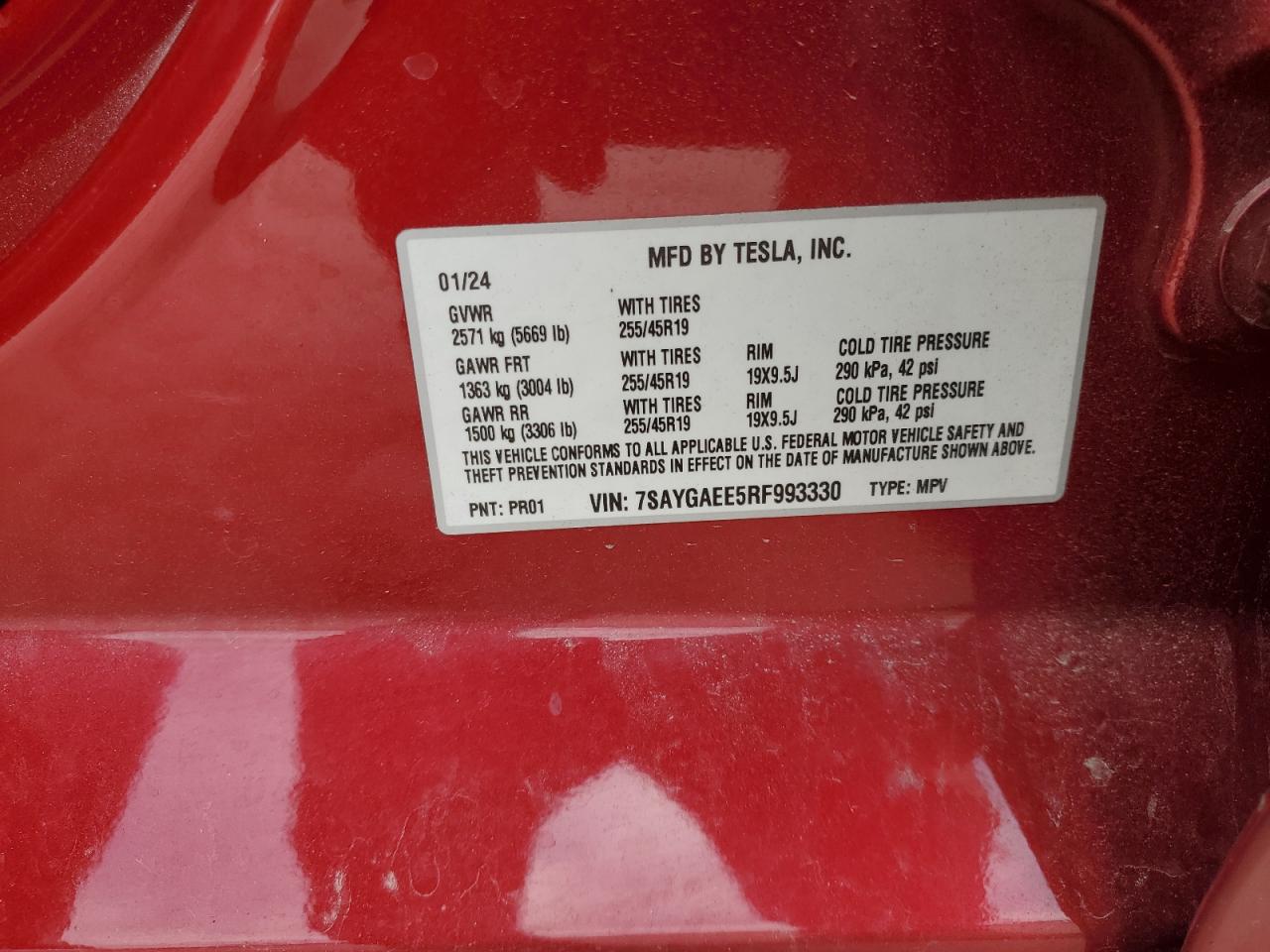 2024 Tesla Model Y VIN: 7SAYGAEE5RF993330 Lot: 83998495