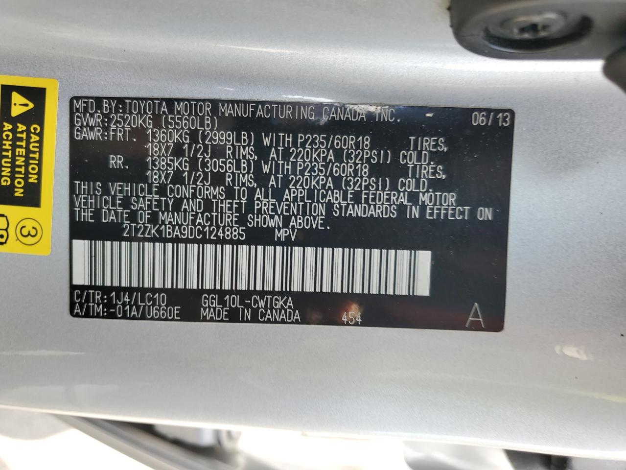 2013 Lexus Rx 350 VIN: 2T2ZK1BA9DC124885 Lot: 71404655