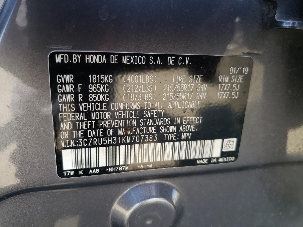 2019 Honda Hr-V Lx VIN: 3CZRU5H31KM707383 Lot: 70631165