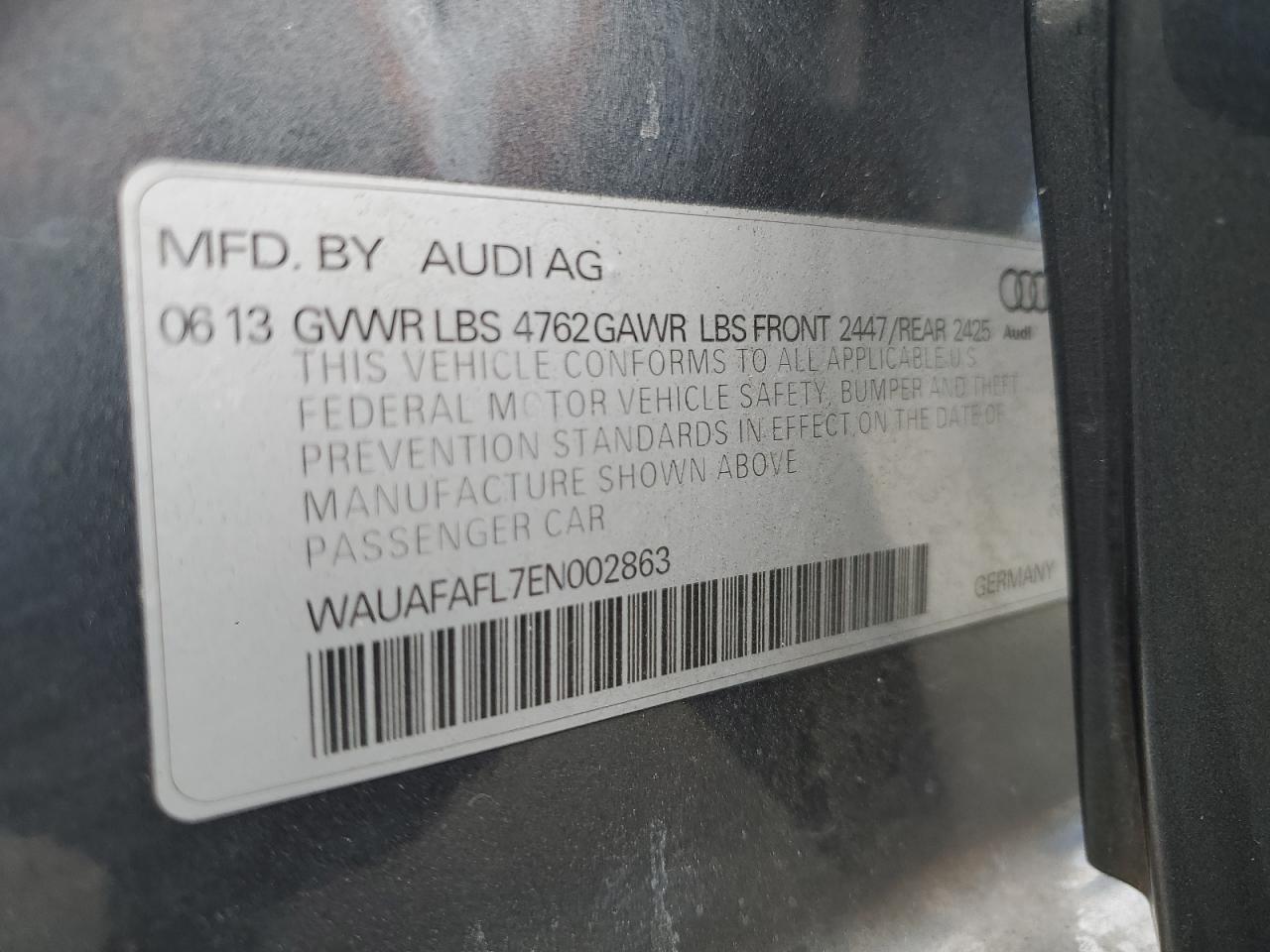 2014 Audi A4 Premium VIN: WAUAFAFL7EN002863 Lot: 80253995