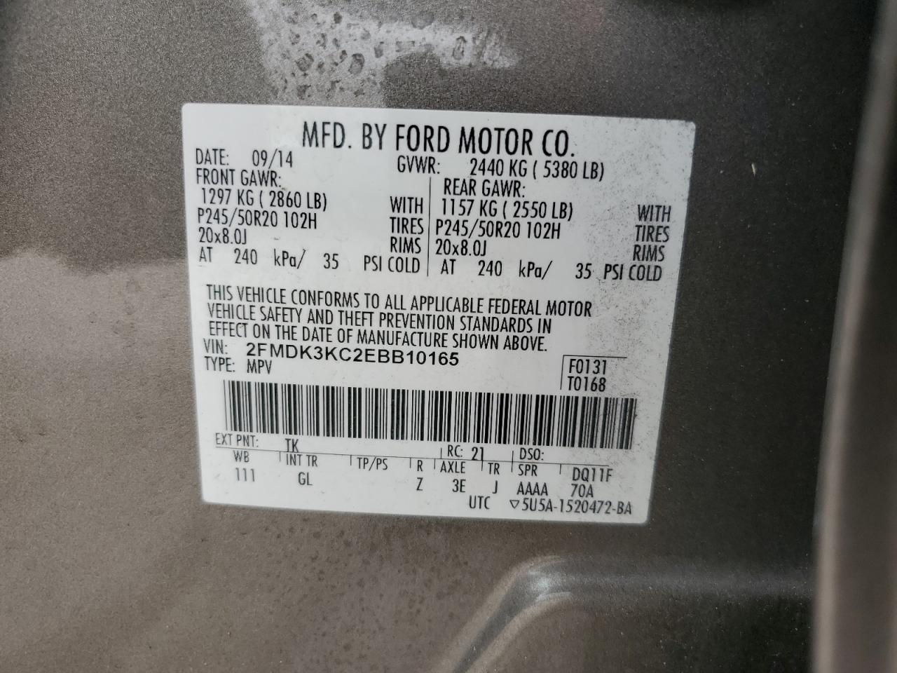 2014 Ford Edge Limited VIN: 2FMDK3KC2EBB10165 Lot: 71274375