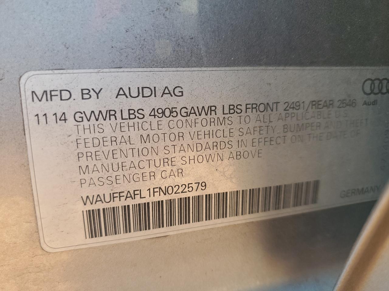 2015 Audi A4 Premium Plus VIN: WAUFFAFL1FN022579 Lot: 72083015