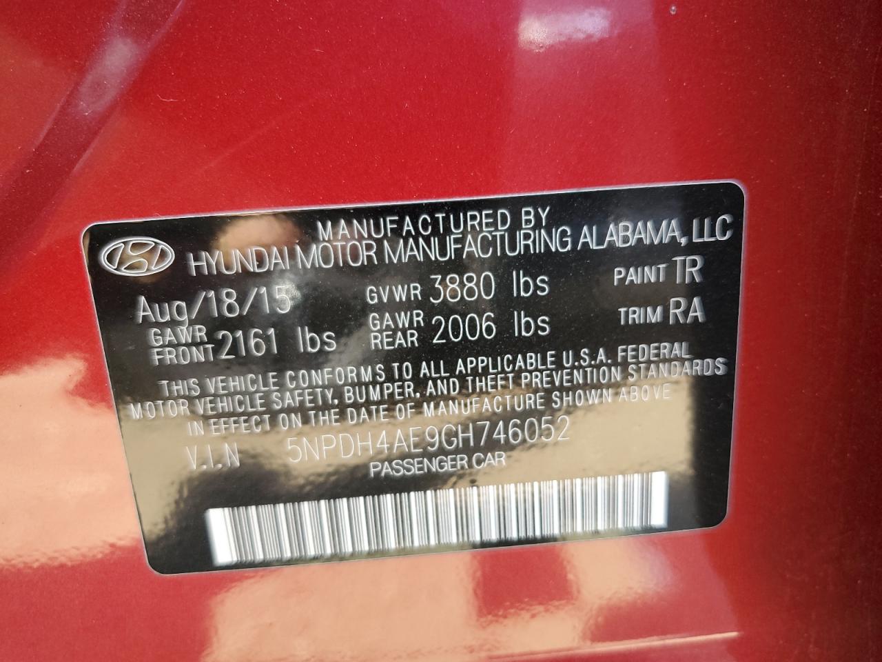 2016 Hyundai Elantra Se VIN: 5NPDH4AE9GH746052 Lot: 84802335