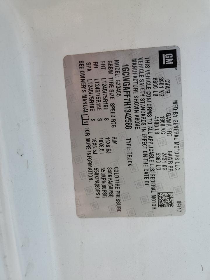 2017 Chevrolet Express G2500 VIN: 1GCWGAFF7H1342588 Lot: 70373395