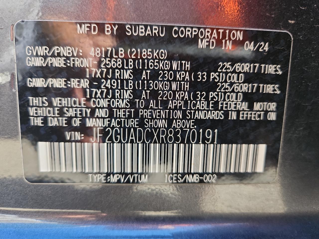 2024 Subaru Crosstrek Premium VIN: JF2GUADCXR8370191 Lot: 71705625