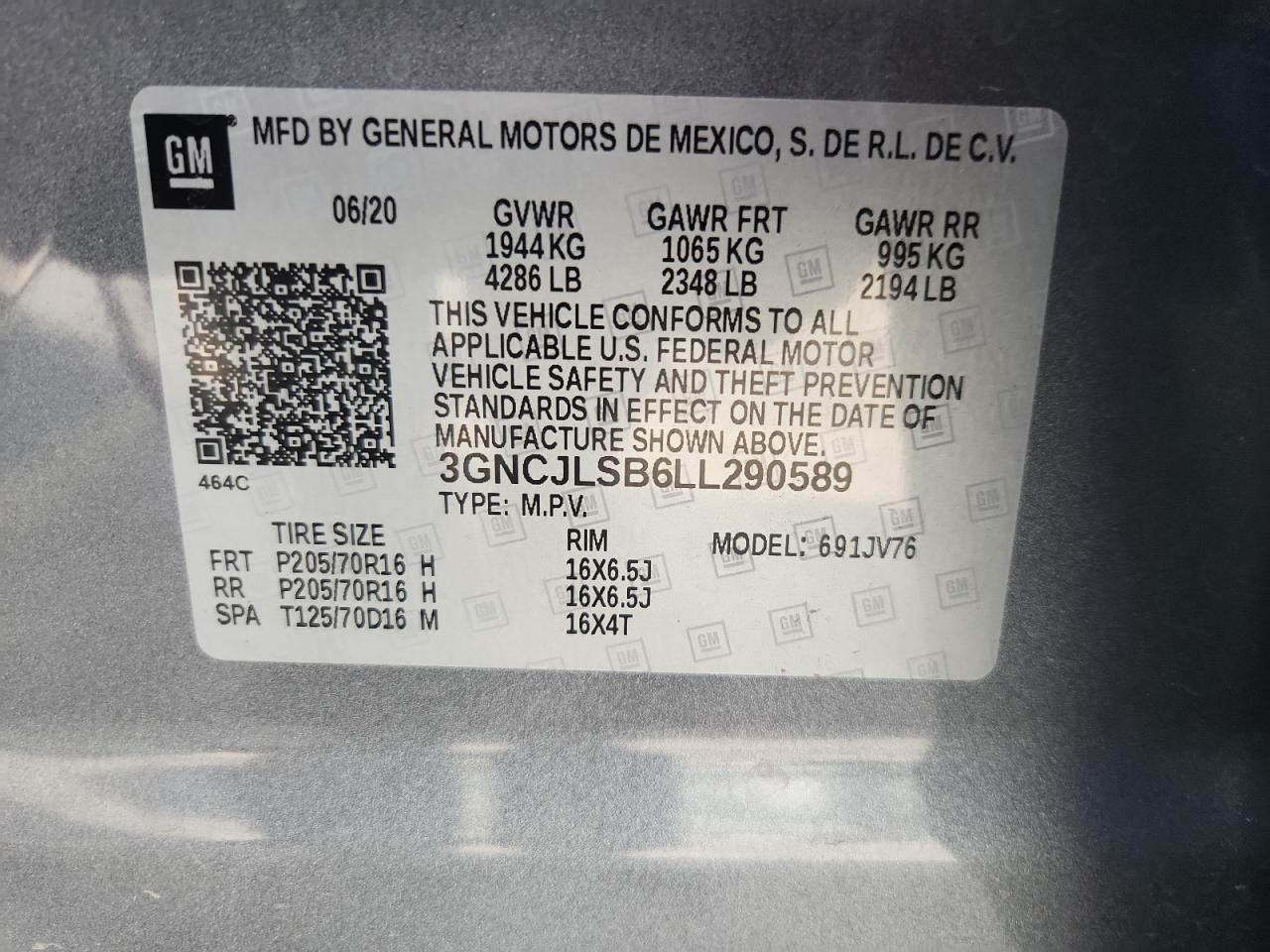 2020 Chevrolet Trax 1Lt VIN: 3GNCJLSB6LL290589 Lot: 80368965