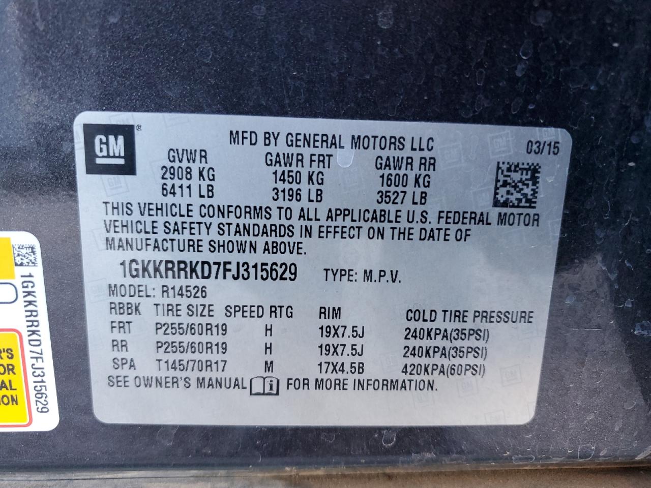 2015 GMC Acadia Slt-1 VIN: 1GKKRRKD7FJ315629 Lot: 81879935