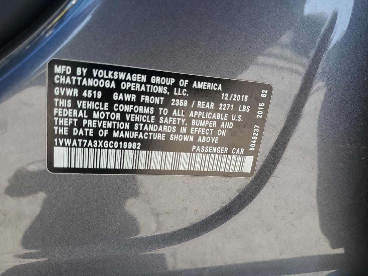 2016 Volkswagen Passat S VIN: 1VWAT7A3XGC019982 Lot: 81713005