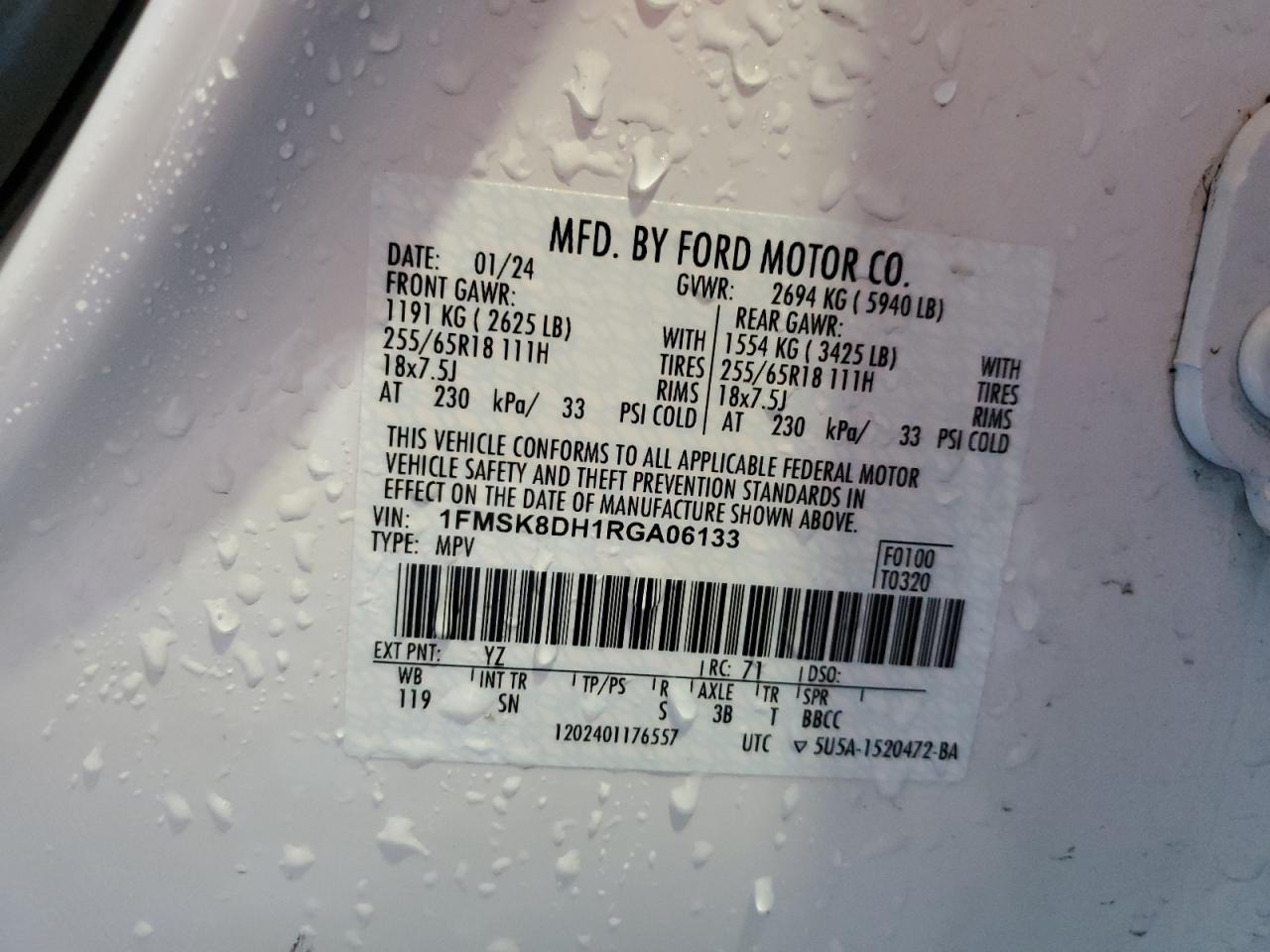 2024 Ford Explorer Xlt VIN: 1FMSK8DH1RGA06133 Lot: 80178255
