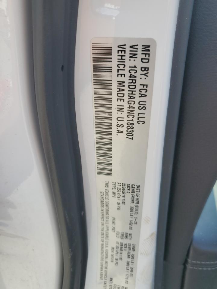 2022 Dodge Durango Sxt VIN: 1C4RDHAG4NC188307 Lot: 81629825