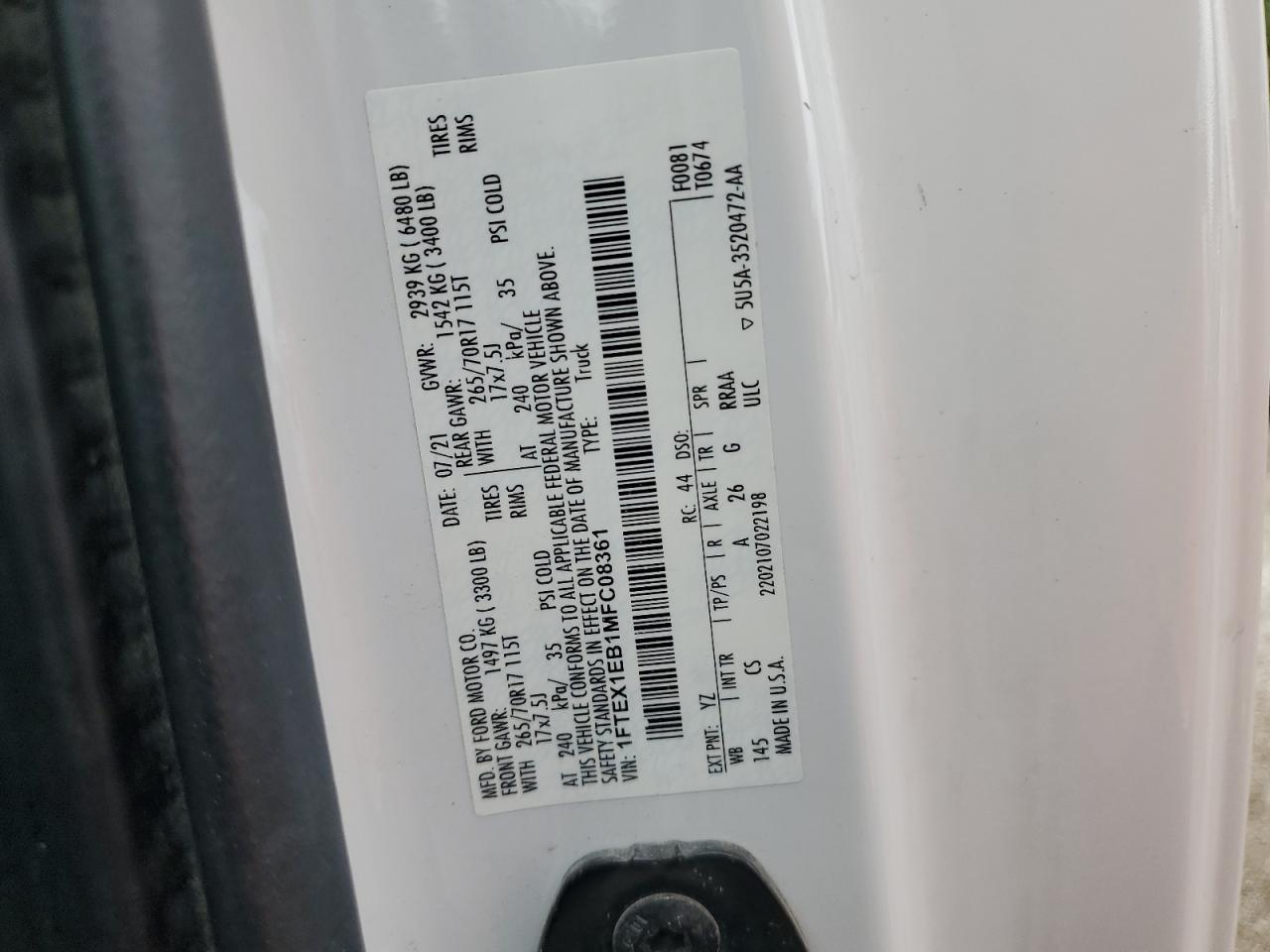 2021 Ford F150 Super Cab VIN: 1FTEX1EB1MFC08361 Lot: 80803845