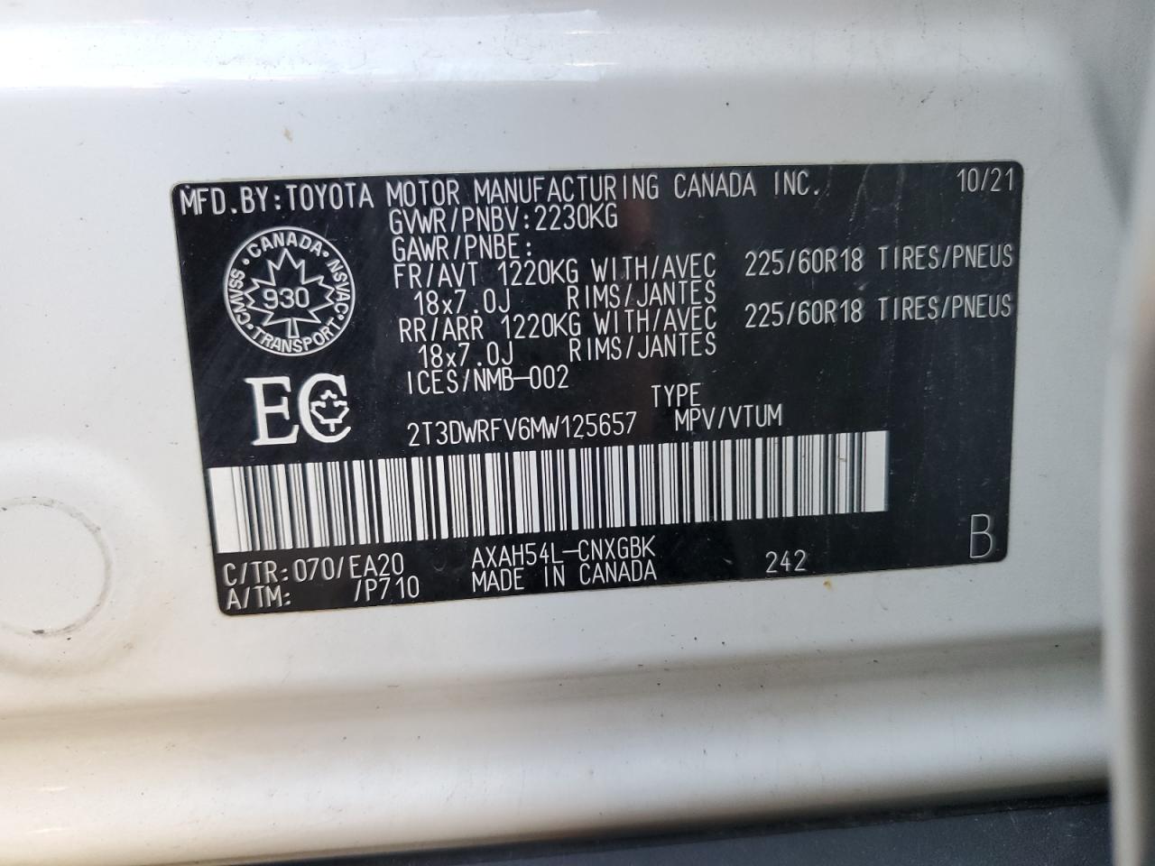 2021 Toyota Rav4 Limited VIN: 2T3DWRFV6MW125657 Lot: 80721925