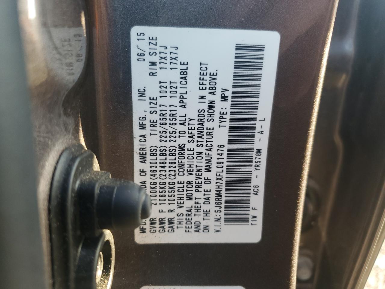 2015 Honda Cr-V Exl VIN: 5J6RM4H7XFL091476 Lot: 80823345