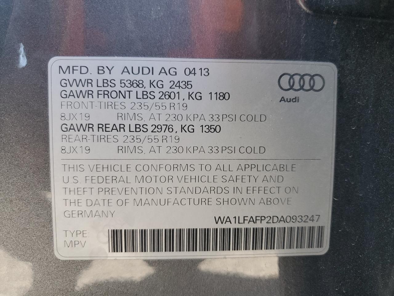 2013 Audi Q5 Premium Plus VIN: WA1LFAFP2DA093247 Lot: 71913035