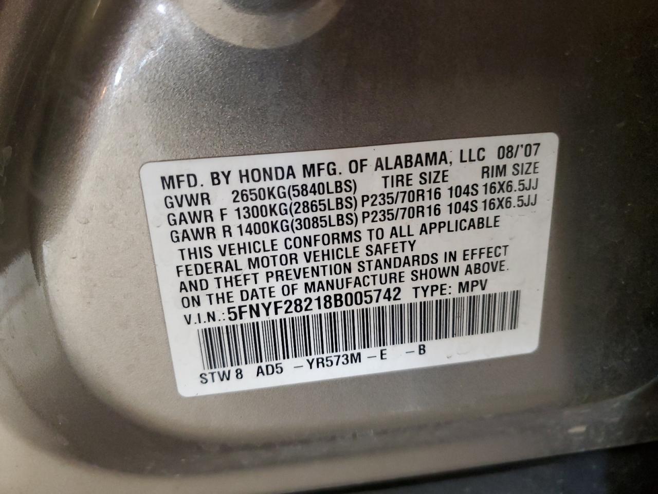 2008 Honda Pilot Vp VIN: 5FNYF28218B005742 Lot: 81612915