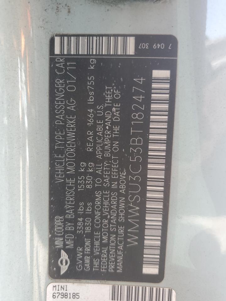 2011 Mini Cooper VIN: WMWSU3C53BT182474 Lot: 84286955