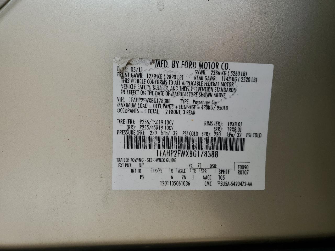 2011 Ford Taurus Limited VIN: 1FAHP2FWXBG178388 Lot: 81648375