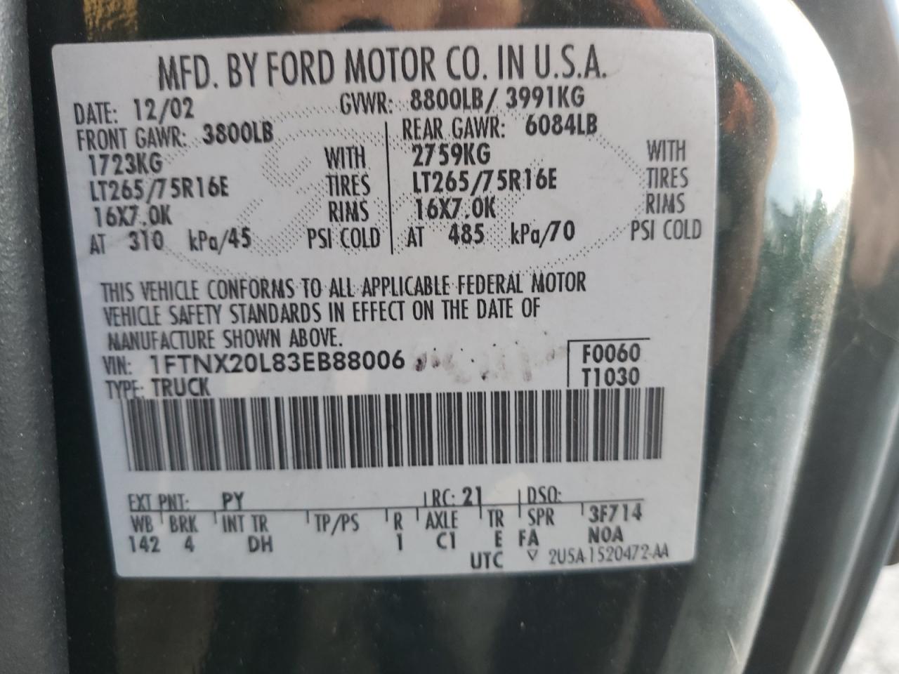 2003 Ford F250 Super Duty VIN: 1FTNX20L83EB88006 Lot: 71853765