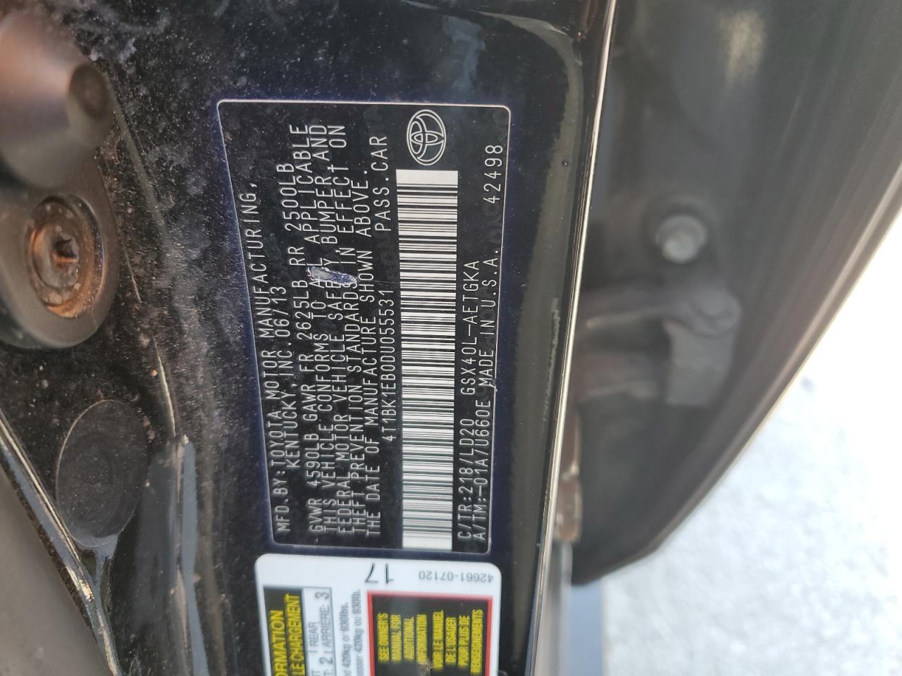 2013 Toyota Avalon Base VIN: 4T1BK1EB0DU055531 Lot: 80568065