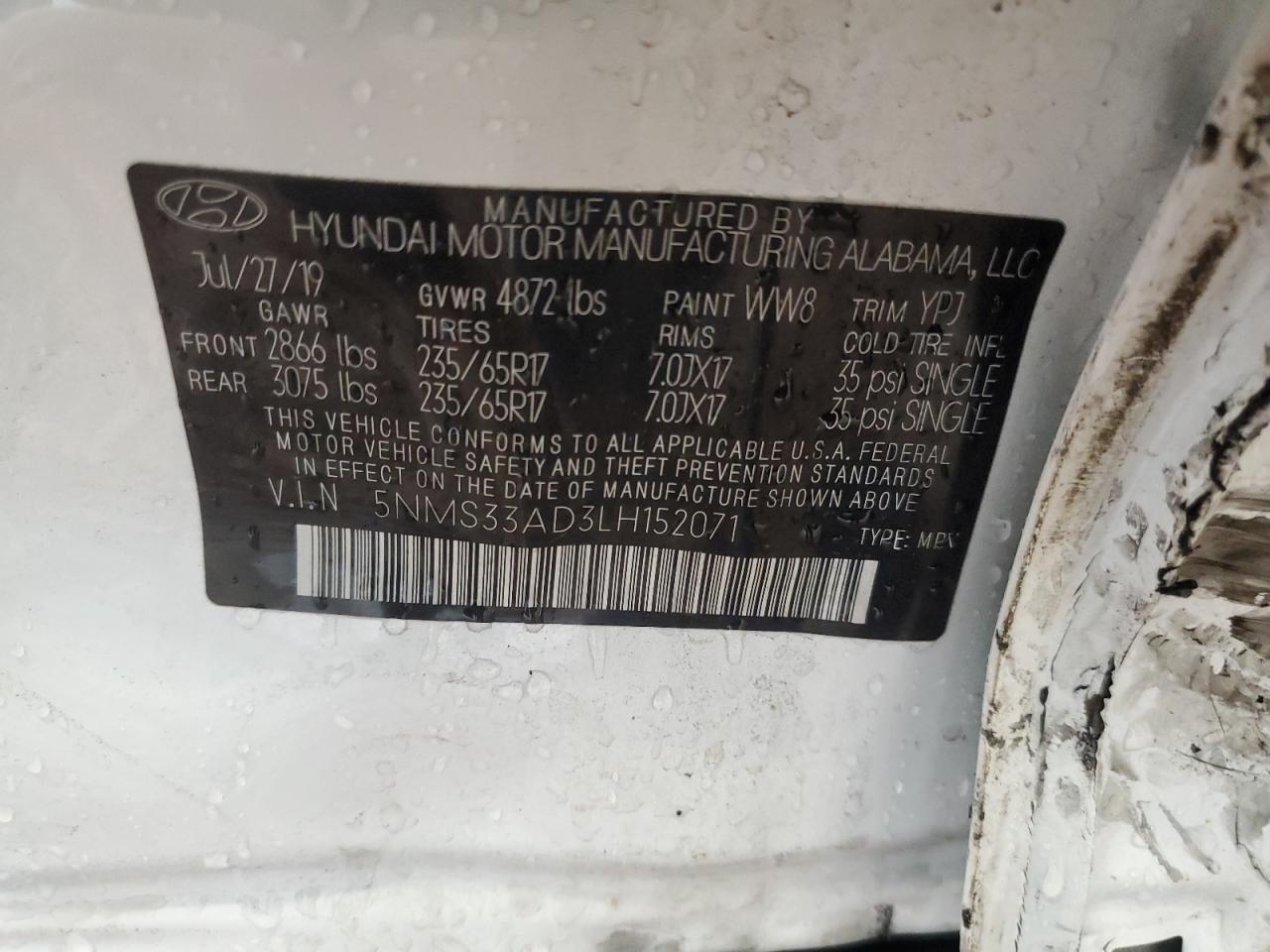 2020 Hyundai Santa Fe Sel VIN: 5NMS33AD3LH152071 Lot: 81766965