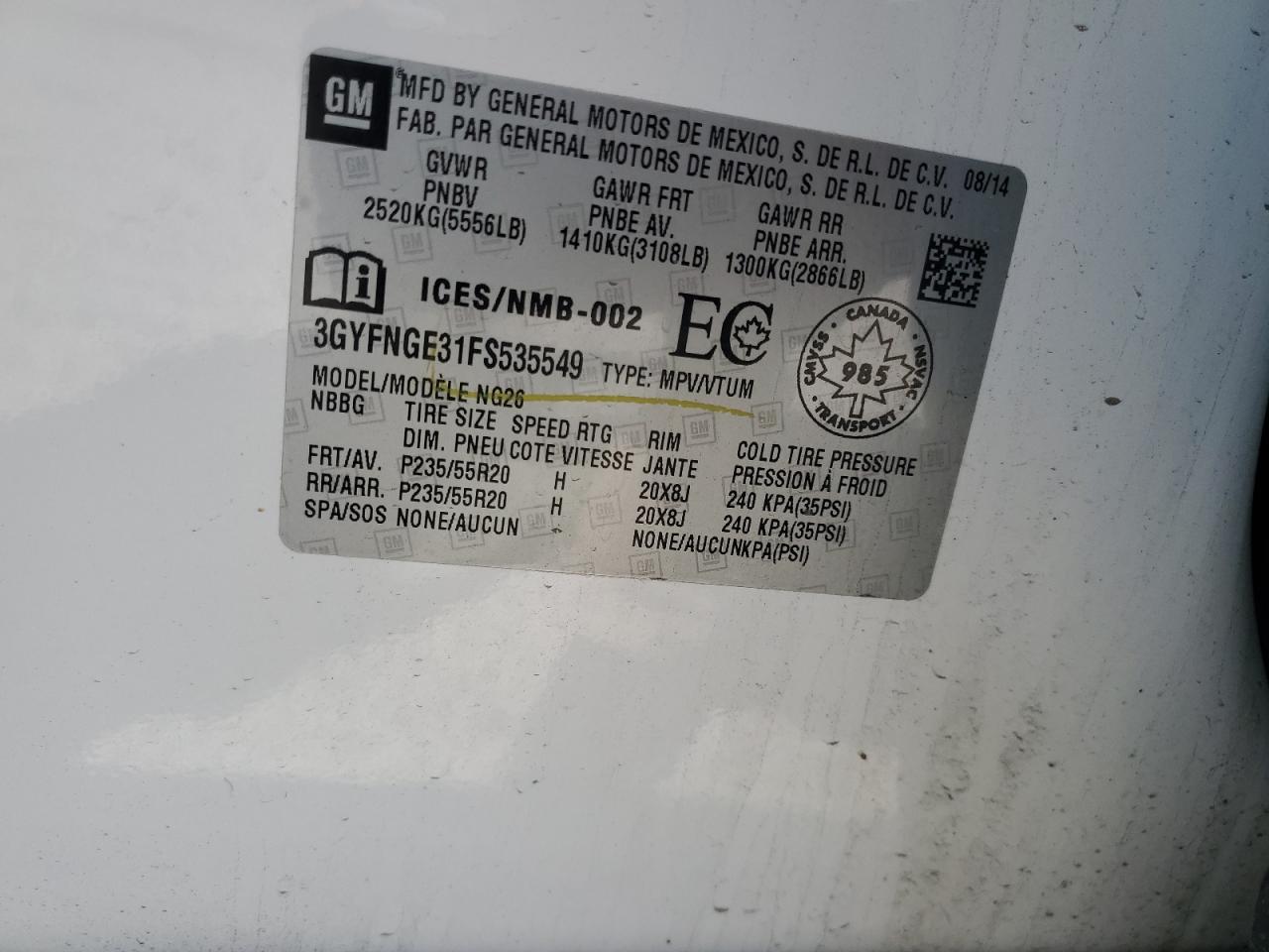 2015 Cadillac Srx Premium Collection VIN: 3GYFNGE31FS535549 Lot: 71558755