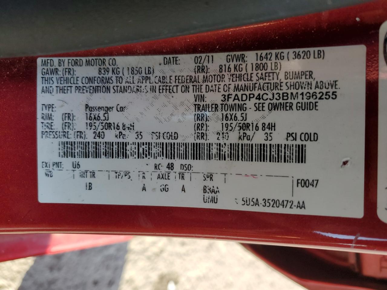 2011 Ford Fiesta Sel VIN: 3FADP4CJ3BM196255 Lot: 71655235