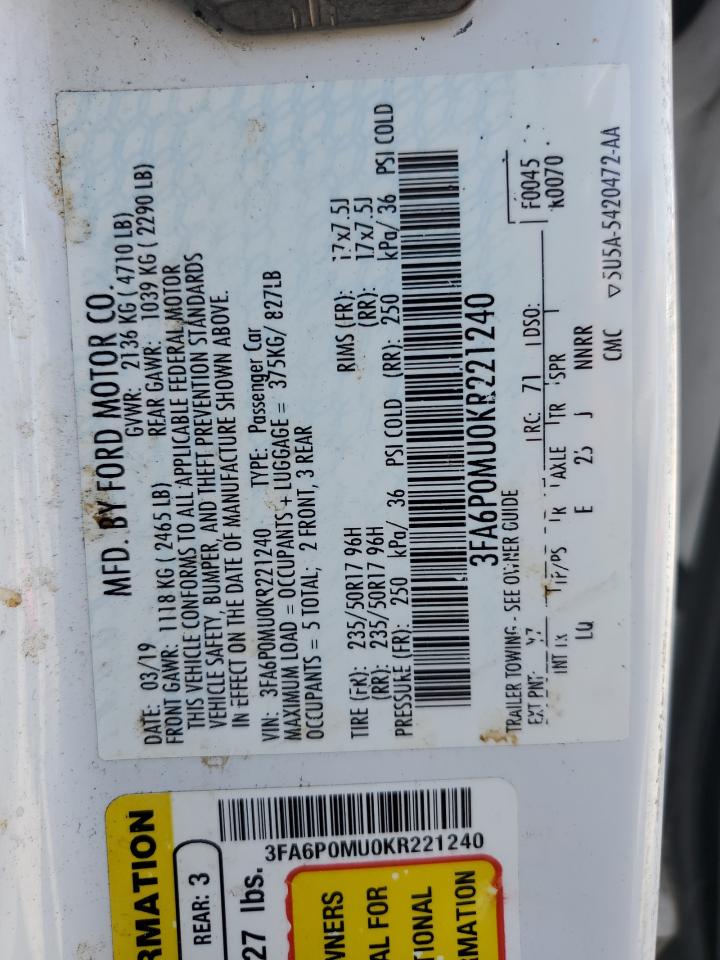 2019 Ford Fusion Sel VIN: 3FA6P0MU0KR221240 Lot: 81155235