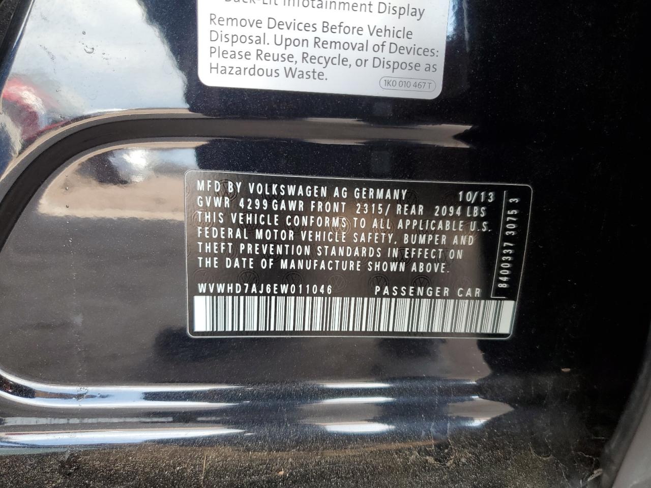 2014 Volkswagen Gti VIN: WVWHD7AJ6EW011046 Lot: 81609025