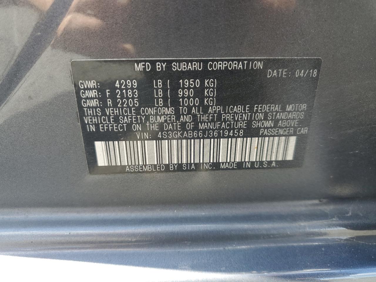 2018 Subaru Impreza Premium VIN: 4S3GKAB66J3619458 Lot: 71405805