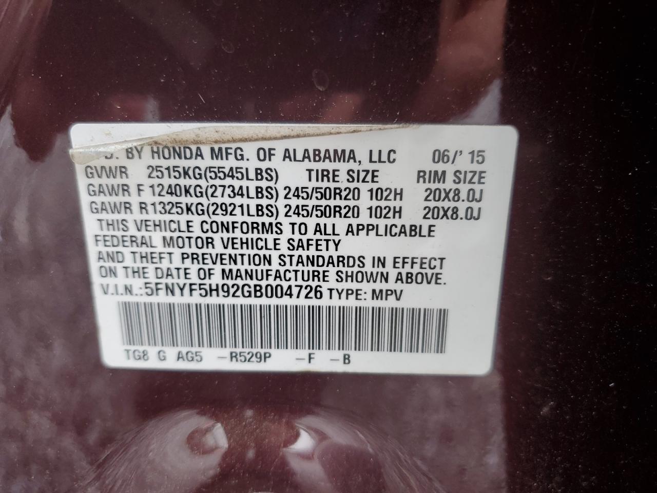 2016 Honda Pilot Touring VIN: 5FNYF5H92GB004726 Lot: 84597315