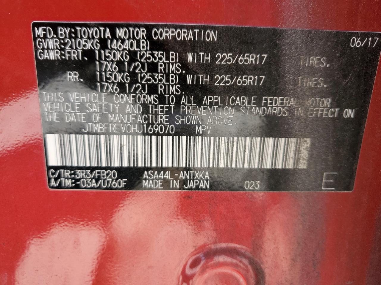 2017 Toyota Rav4 Le VIN: JTMBFREV0HJ169070 Lot: 71160255