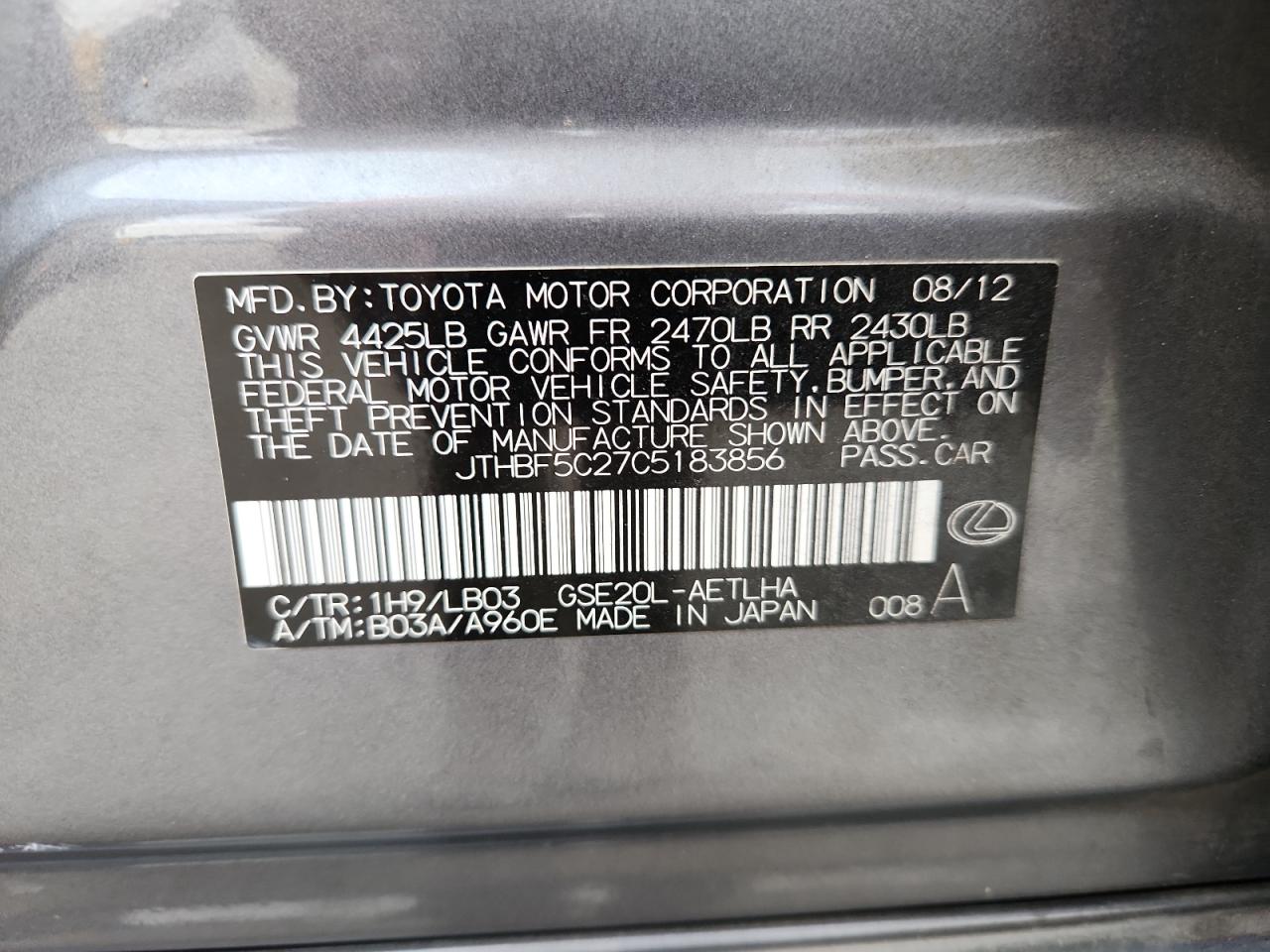 2012 Lexus Is 250 VIN: JTHBF5C27C5183856 Lot: 84862595