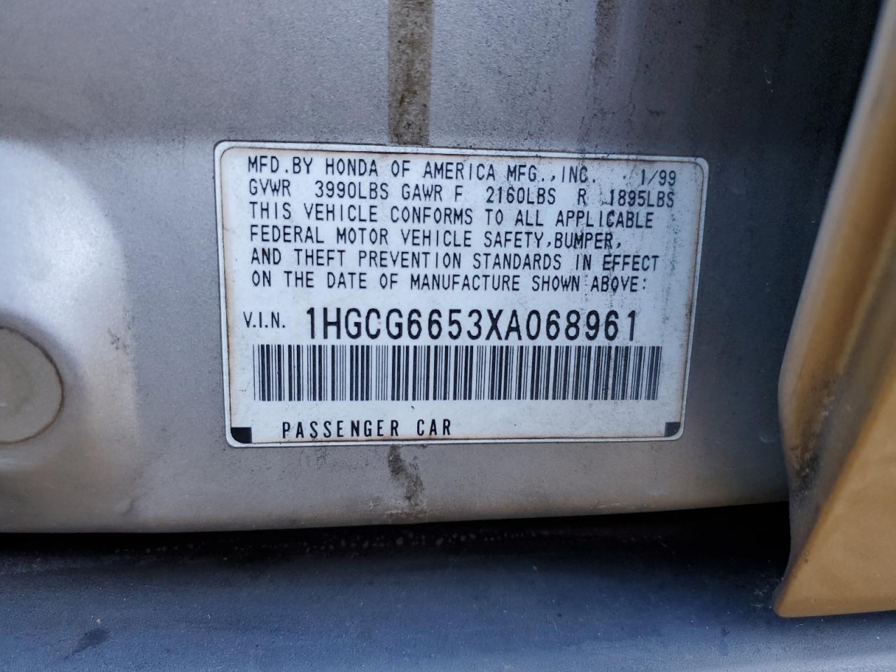 1999 Honda Accord Lx VIN: 1HGCG6653XA068961 Lot: 80093595