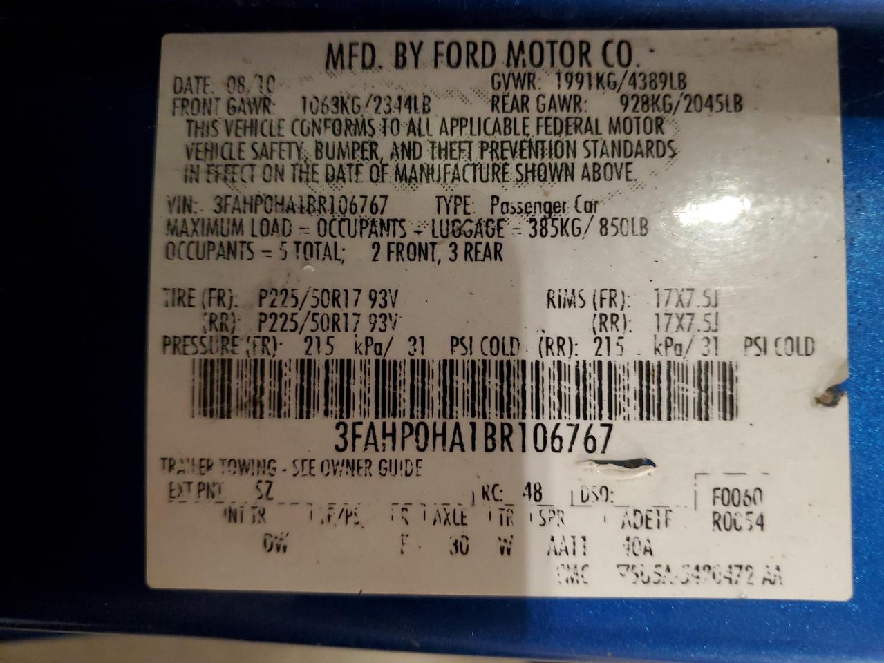 2011 Ford Fusion Se VIN: 3FAHP0HA1BR106767 Lot: 81319905