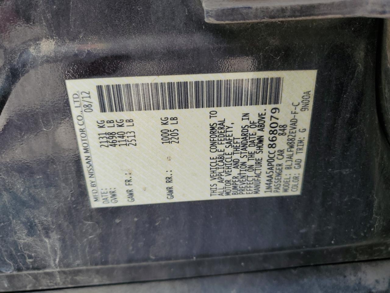 2012 Nissan Maxima S VIN: 1N4AA5AP0CC868079 Lot: 80957645