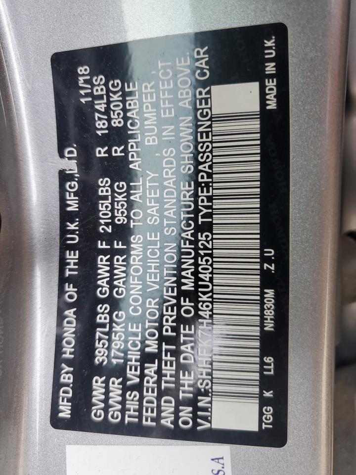 2019 Honda Civic Sport VIN: SHHFK7H46KU405125 Lot: 80861355