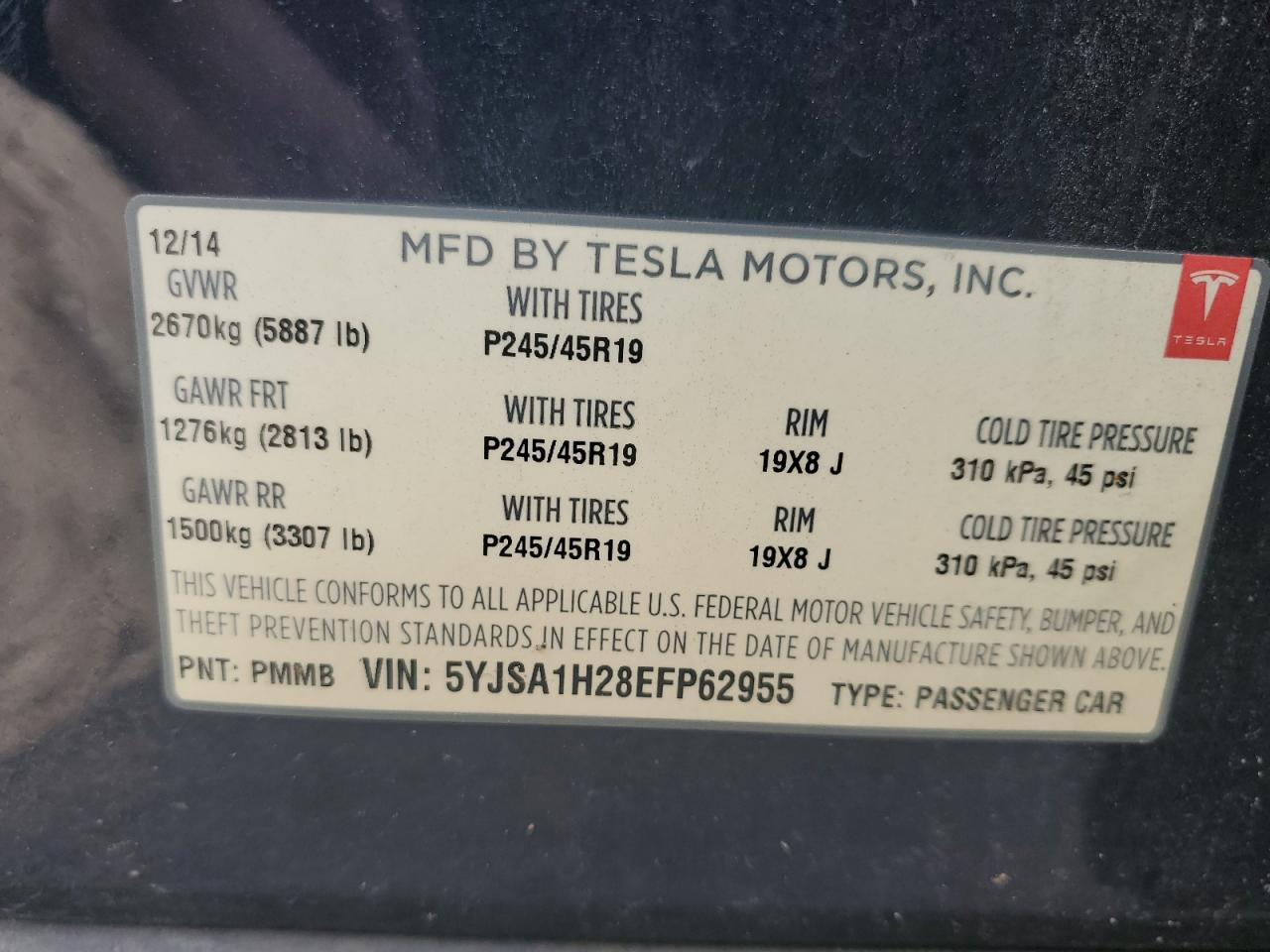 2014 Tesla Model S VIN: 5YJSA1H28EFP62955 Lot: 84645815