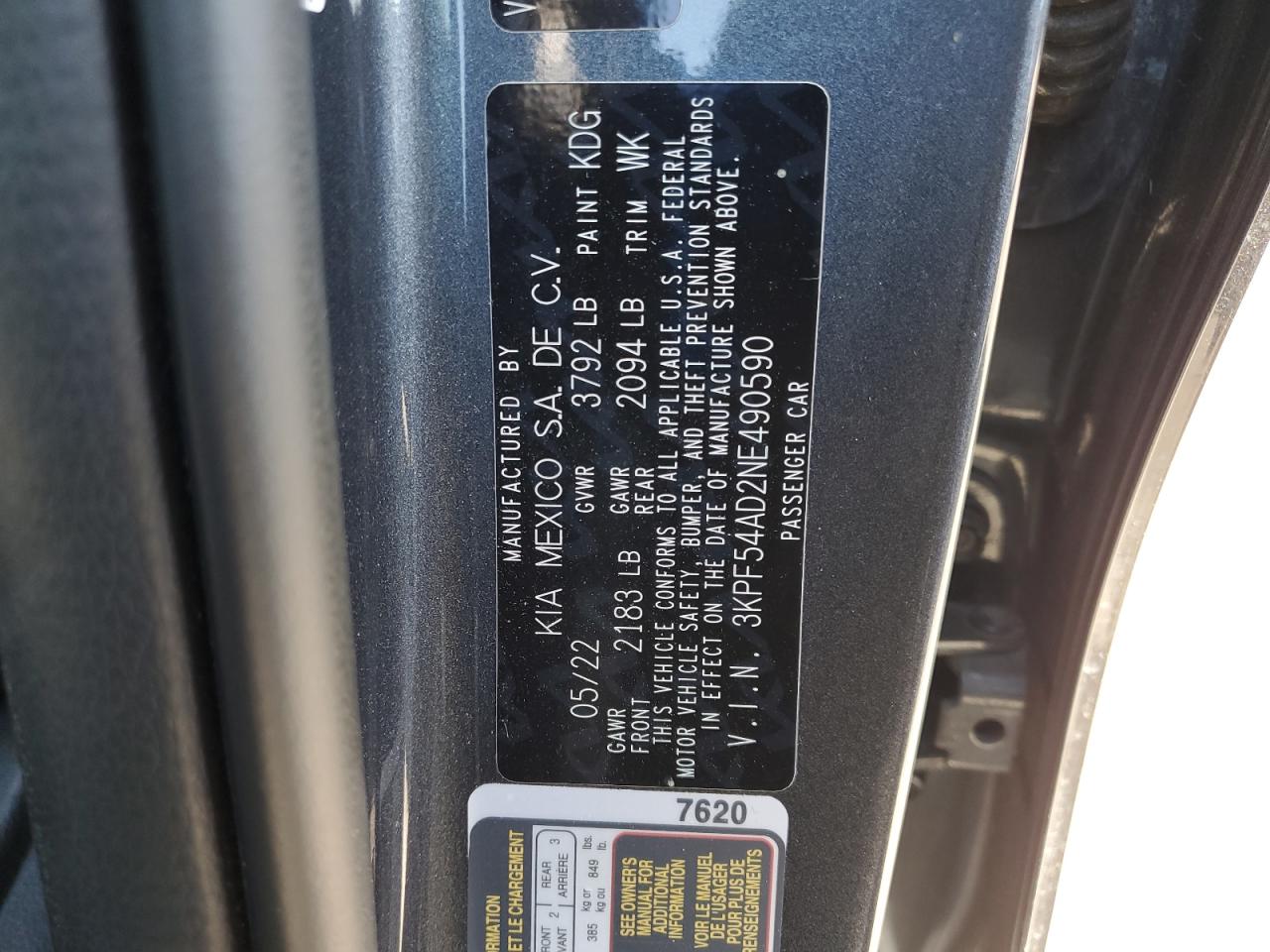 2022 Kia Forte Gt Line VIN: 3KPF54AD2NE490590 Lot: 71159845