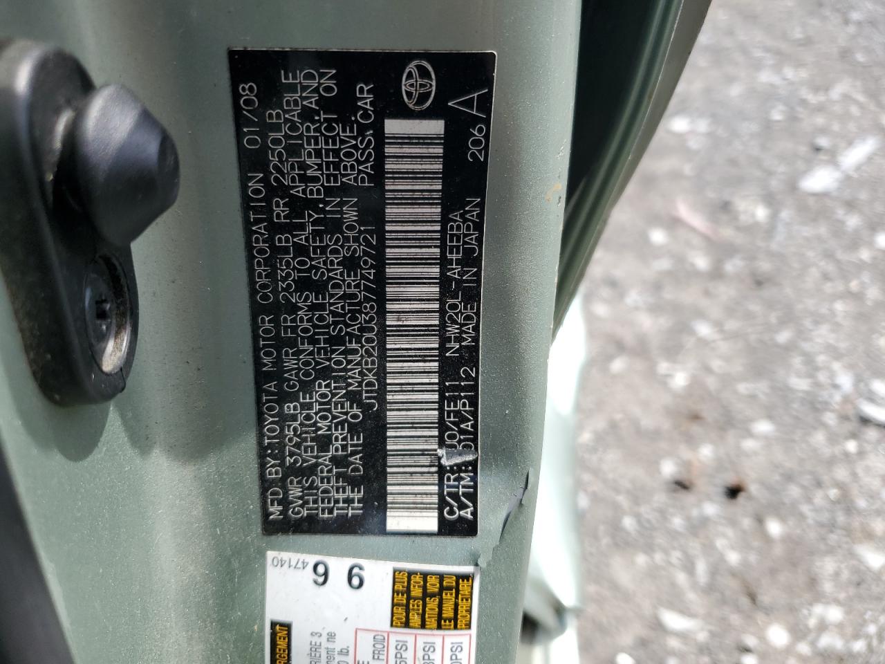 2008 Toyota Prius VIN: JTDKB20U387749721 Lot: 81846165