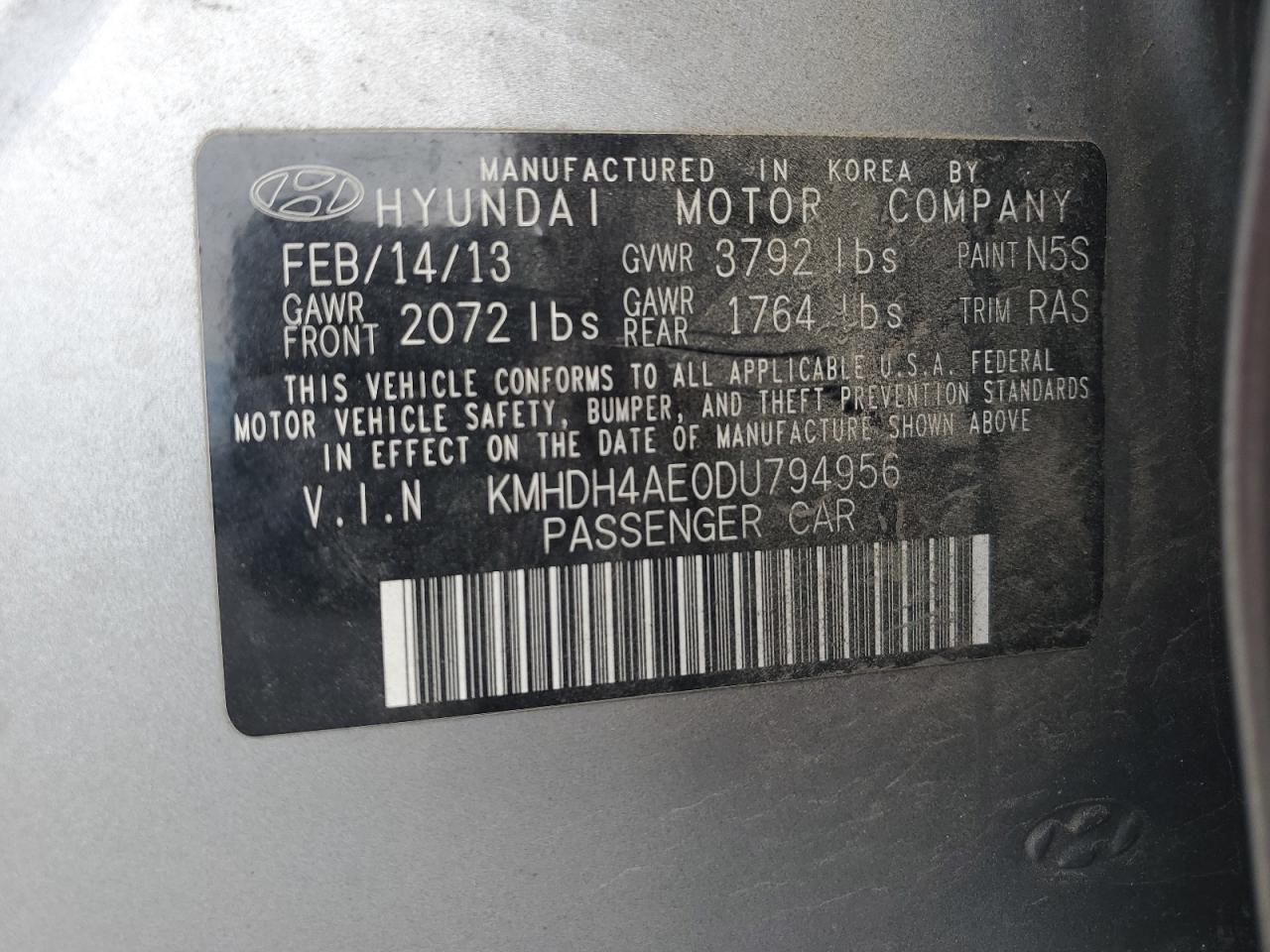 2013 Hyundai Elantra Gls VIN: KMHDH4AE0DU794956 Lot: 80319265