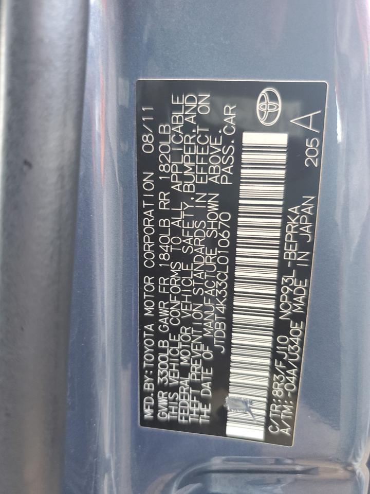 2012 Toyota Yaris VIN: JTDBT4K33CL010670 Lot: 80308145