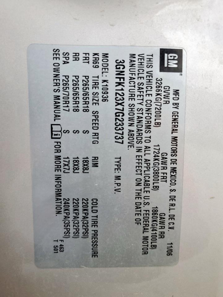 2007 Chevrolet Avalanche K1500 VIN: 3GNFK123X7G233737 Lot: 71042875